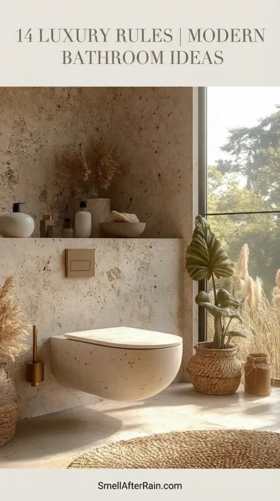 A serene, organic modern bathroom featuring a textured stone wall-hung toilet and beige travertine walls, illustrating 14 Luxury Rules | Modern Bathroom Ideas. Sun streams through a large window onto pampas grass decor, a wicker planter, and brass fixtures, creating a warm, quiet luxury atmosphere perfect for high-end home inspiration.