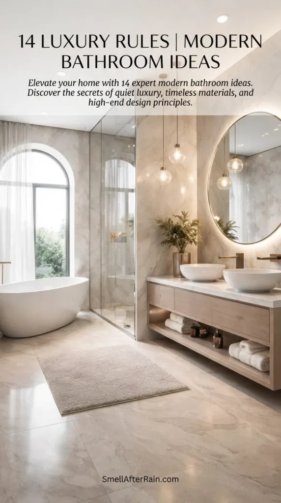 A serene, high-end bathroom interior featuring a floating wooden vanity with dual vessel sinks, a large round backlit mirror, and pendant lighting. To the left, a freestanding white bathtub sits beneath a large arched window next to a glass-enclosed shower, perfectly illustrating 14 Luxury Rules | Modern Bathroom Ideas for a quiet luxury aesthetic.