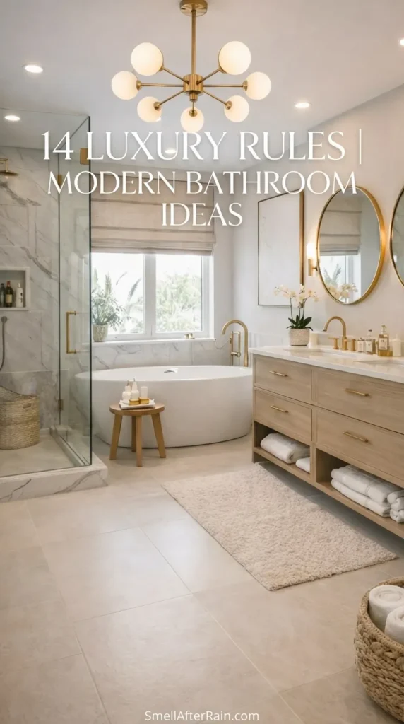 A stunning, bright master bathroom showcasing 14 Luxury Rules | Modern Bathroom Ideas. Features include a light wood double vanity with gold faucets, two round gold-framed mirrors, a freestanding white soaking tub under a window with roman shades, a glass-enclosed shower with marble tile, and a modern globe chandelier overhead.