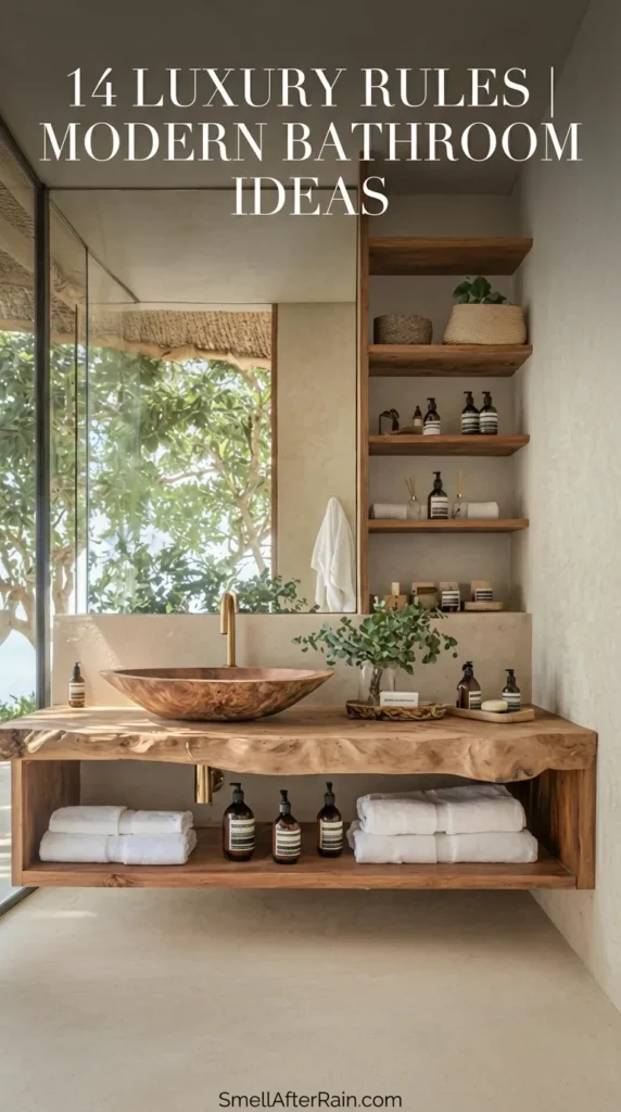 Stunning rustic-modern bathroom vanity illustrating 14 Luxury Rules | Modern Bathroom Ideas. Features a floating live-edge wood counter, carved wooden vessel sink, and open shelving stocked with fluffy white towels and amber Aesop bottles. A large mirror reflects a tropical garden, highlighting the indoor-outdoor connection essential to luxury home design and organic modern aesthetics.