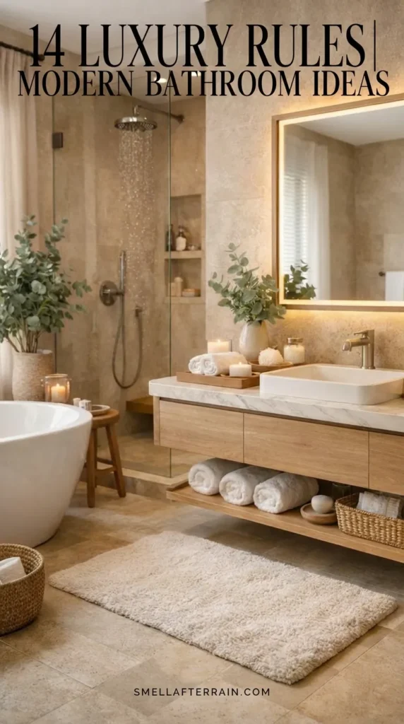 A serene spa-like bathroom interior featuring beige travertine tiles, a white freestanding soaking tub, and a floating wooden vanity with open shelving. The space showcases 14 Luxury Rules | Modern Bathroom Ideas including soft ambient lighting behind a large square mirror, a glass-enclosed rain shower, and natural decor elements like eucalyptus and woven baskets for a quiet luxury aesthetic.
