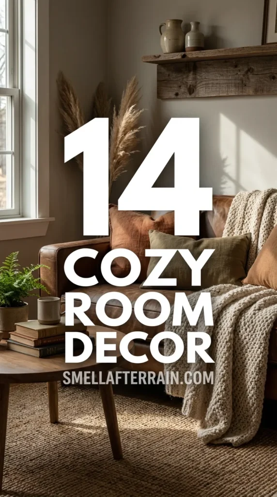 Cozy Room Decor: A warm living space featuring layered knitted blankets, soft ambient lighting, thrifted vintage furniture, and neutral earth tones creating a relaxing mood.