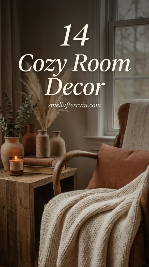 Cozy Room Decor: A warm, inviting bedroom featuring layered chunky knit blankets, vintage thrifted wooden furniture, soft ambient lighting, and neutral textures creating a calm aesthetic.