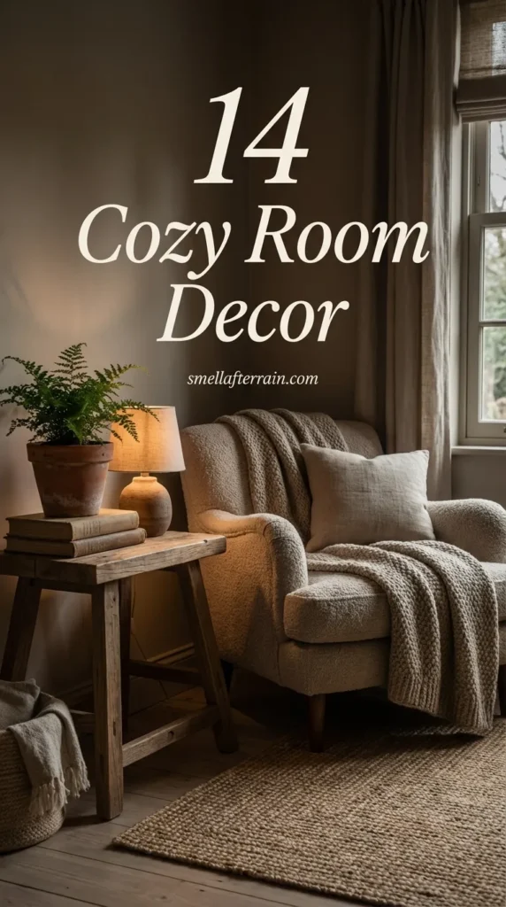 Cozy Room Decor: A warm, inviting bedroom featuring layered chunky knit blankets in cream and beige, soft amber lighting, and vintage thrifted wood accents that create a calming, safe atmosphere.