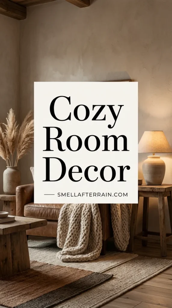 Cozy Room Decor: A warm, inviting living space featuring layered textured blankets, soft ambient lighting, and vintage thrifted furniture creating a psychological sense of safety and calm.