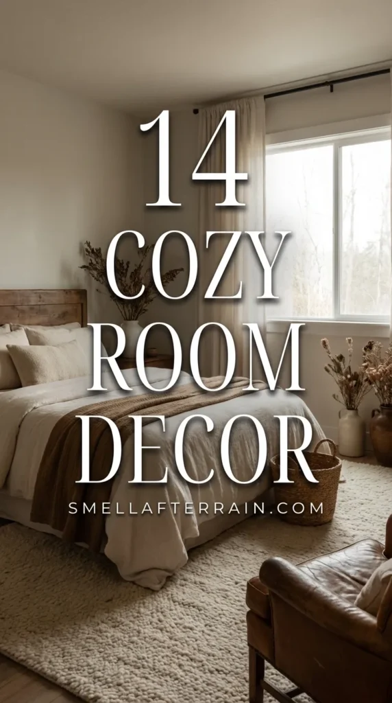 Cozy Room Decor: A warm and inviting living space featuring textured knit throws, vintage thrifted furniture, soft ambient lighting, and neutral earth tones designed to create a psychological sense of calm.