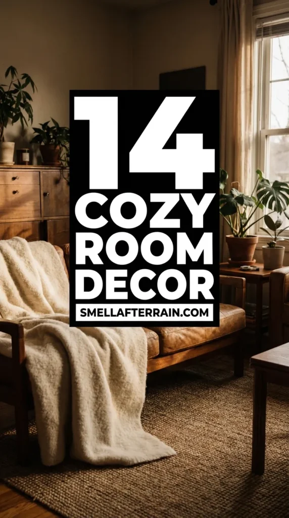 Cozy Room Decor: A warm, inviting living space featuring plush textures, soft amber lighting, and thrifted vintage furniture that creates a calming atmosphere.