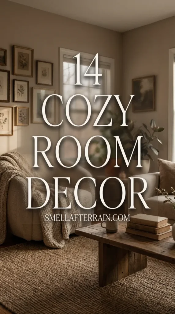 Cozy Room Decor: A warm aesthetic bedroom featuring layered chunky knit blankets, soft ambient lighting, and vintage thrifted accents creating a calming atmosphere.
