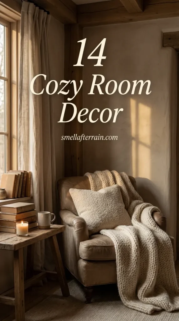 Cozy Room Decor: Warm aesthetic living room featuring soft knitted textures, ambient lighting, and vintage thrifted furniture creating a calming atmosphere.