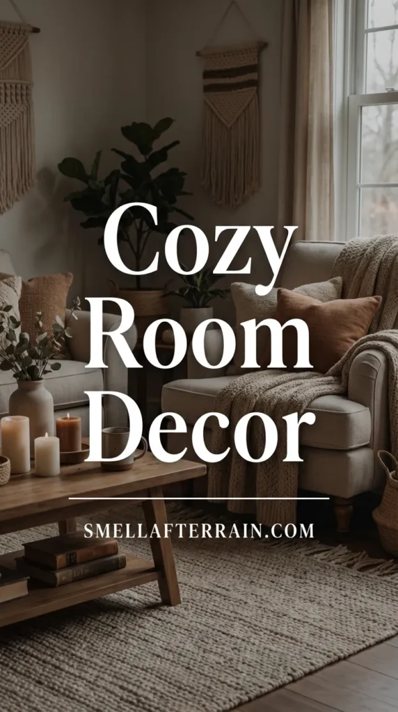Cozy Room Decor: A warm living space featuring layered knit blankets, soft amber lighting, and vintage wood furniture creating a psychological sense of safety.