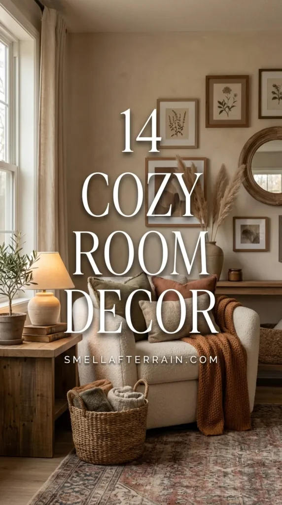 Cozy Room Decor: A warm, inviting space featuring chunky knit textures, soft ambient lighting, and thrifted vintage items that create a psychological sense of calm and relaxation.