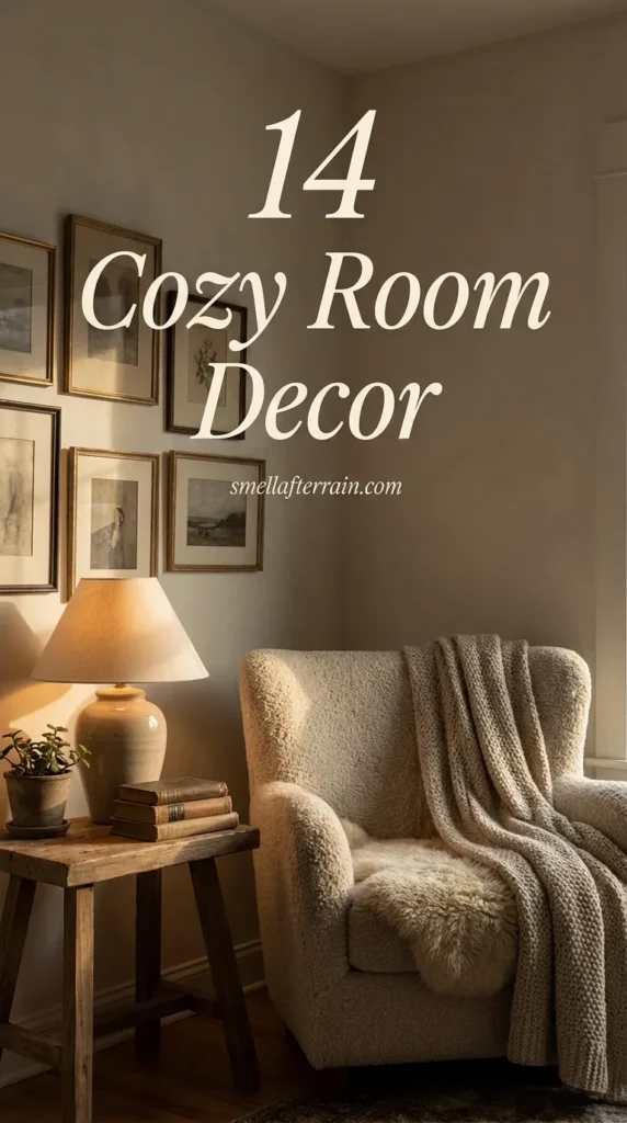 Cozy Room Decor: A warm, dimly lit bedroom featuring chunky knitted blankets, thrifted wooden furniture, and soft ambient lighting that creates a calming atmosphere.