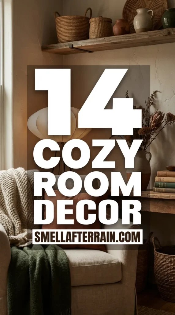 Cozy Room Decor: A warm, inviting bedroom featuring layered knit throws, vintage thrifted furniture, soft amber lighting, and neutral textures creating a psychological sense of calm.