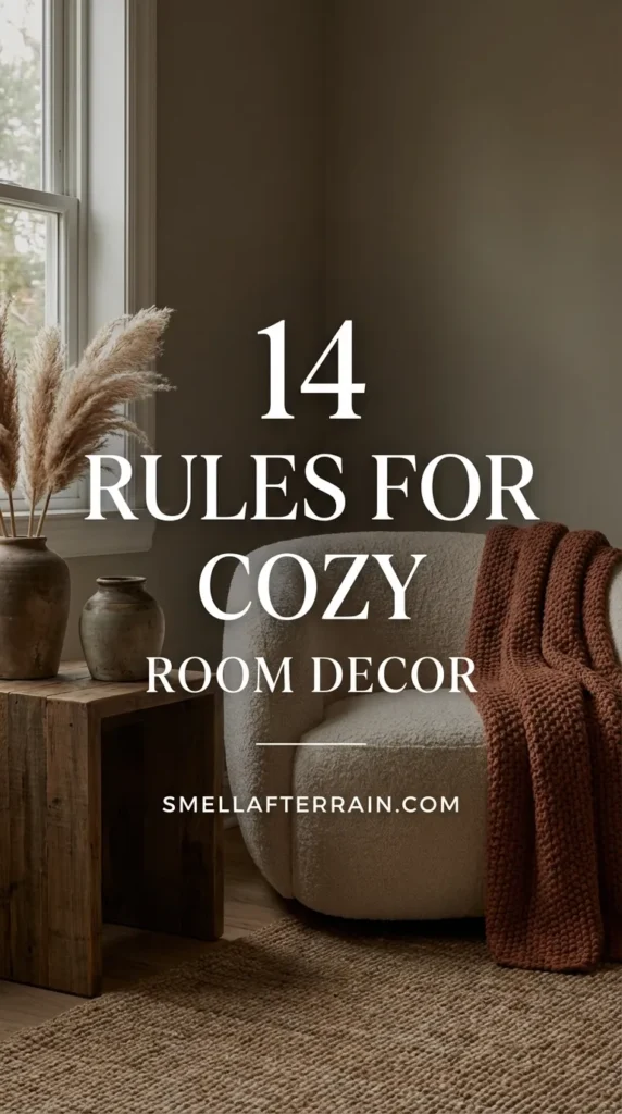 Cozy Room Decor: A warm, inviting bedroom featuring layered knitted blankets, soft ambient lighting, thrifted vintage accents, and neutral earth tones creating a calming atmosphere.