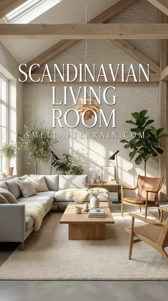 Scandinavian Living Room: A sun-drenched loft featuring a large cream sectional sofa, exposed brick walls, and a vintage rug illuminated by large skylights and indoor plants.