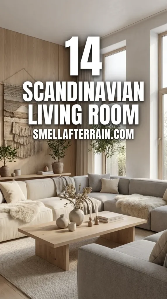 Scandinavian Living Room: A modern interior featuring a large beige sectional sofa, a low wooden coffee table with books, and black accent walls with textured art. The space uses soft lighting, vertical wood slats, and neutral tones for a cozy, minimal aesthetic.