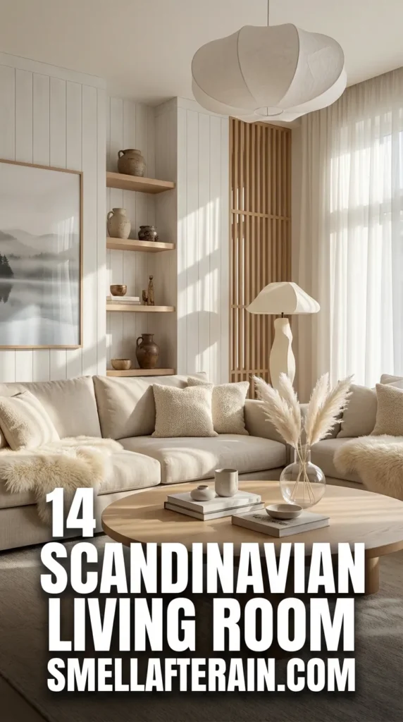 Scandinavian Living Room: A cozy modern space featuring a beige sectional sofa, dark charcoal accent wall with wood paneling, abstract art, low wooden coffee table, and sculptural pendant lights.