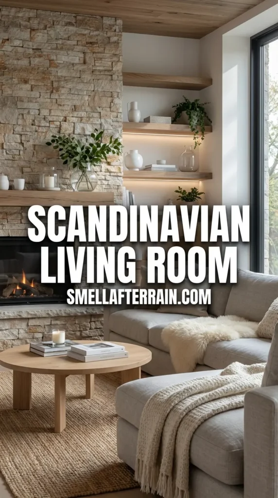 Scandinavian Living Room: A cozy living space featuring a textured stone fireplace, warm candlelight on wooden floating shelves, and hanging glass pendant lights. A beige sectional sofa with furry throw pillows sits on a plush white rug, creating a hygge atmosphere.