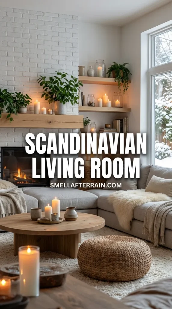 Scandinavian Living Room: A cozy interior featuring a textured stone fireplace with a floating wood mantel, shelves filled with glowing candles, a plush grey sectional sofa, industrial glass pendant lights, and hanging greenery.