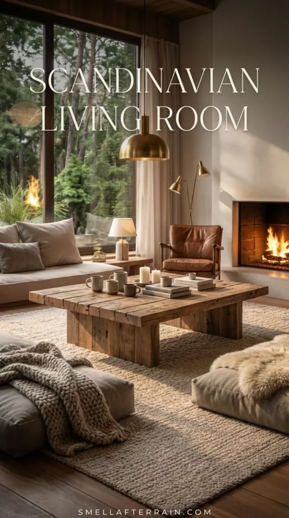 Scandinavian Living Room: A cozy, neutral living space featuring a low rustic wooden coffee table, soft beige floor cushions, and hanging paper lantern lights. Large windows showcase a forest view while a fireplace adds warmth.