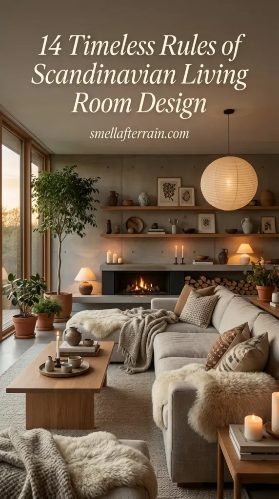 Scandinavian Living Room: A cozy modern space featuring a large grey sectional sofa, a round wooden coffee table, and a linear fireplace with a wood mantel. The room includes a large potted tree, floor-to-ceiling windows, and neutral beige walls for a minimal yet warm Hygge aesthetic.