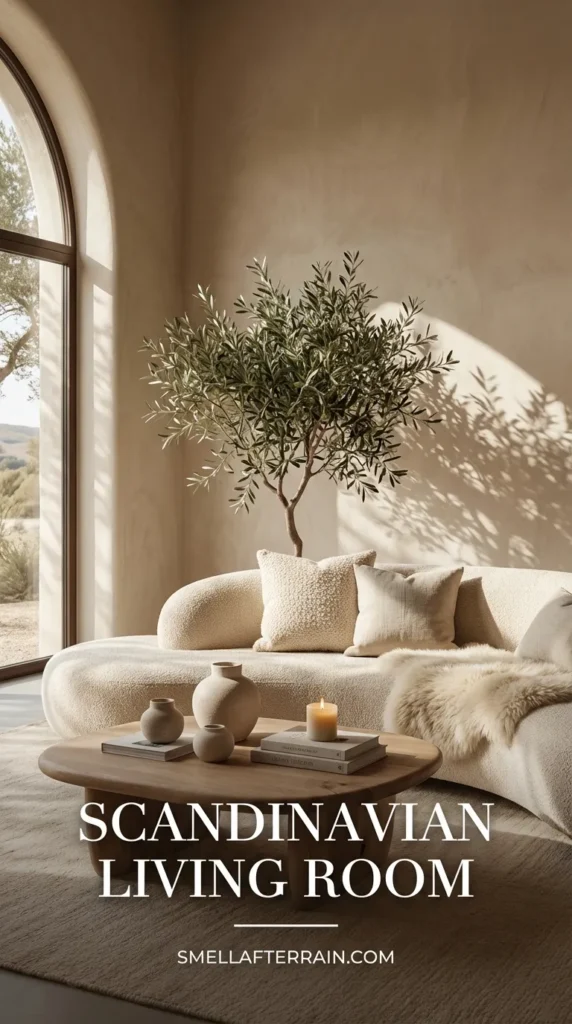 Scandinavian Living Room: Minimalist interior featuring a curved cream bouclé sofa, rustic wooden coffee table, and beige textured walls with arched doorways and dried botanicals.