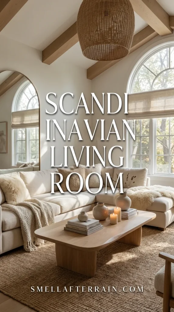 Scandinavian Living Room: A warm living space featuring a caramel leather sofa, live-edge wood coffee table, oversized woven pendant lights, textured vintage rug, and large fiddle leaf fig plant.