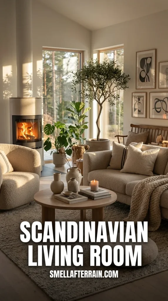 Scandinavian Living Room: A cozy, minimalist interior featuring a modern white fireplace with a roaring fire, a chunky cream knit rug, and a soft neutral sofa. Large floor-to-ceiling windows reveal a snowy forest view, filling the space with natural light.