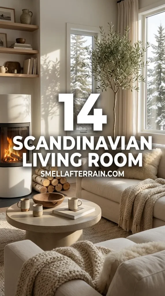 Scandinavian Living Room: A cozy, minimalist space featuring a modern white fireplace with a roaring fire, a beige sofa with textured pillows, a chunky knit wool rug, a small wooden coffee table, and large windows looking out to nature.