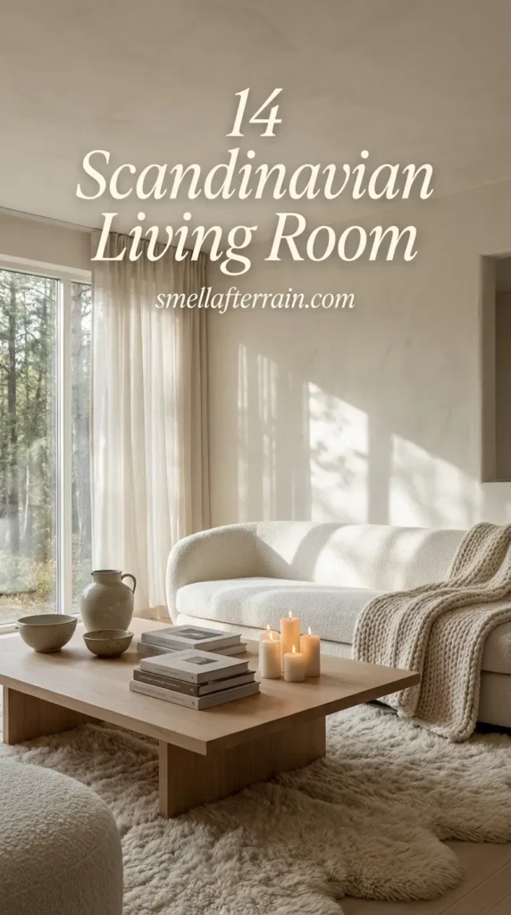 Scandinavian Living Room: An organic modern space featuring a textured cream sofa, a chunky knit throw blanket, and a low raw wood coffee table. Neutral beige walls, a jute rug, and pampas grass in a round vase create a warm, minimalist atmosphere.