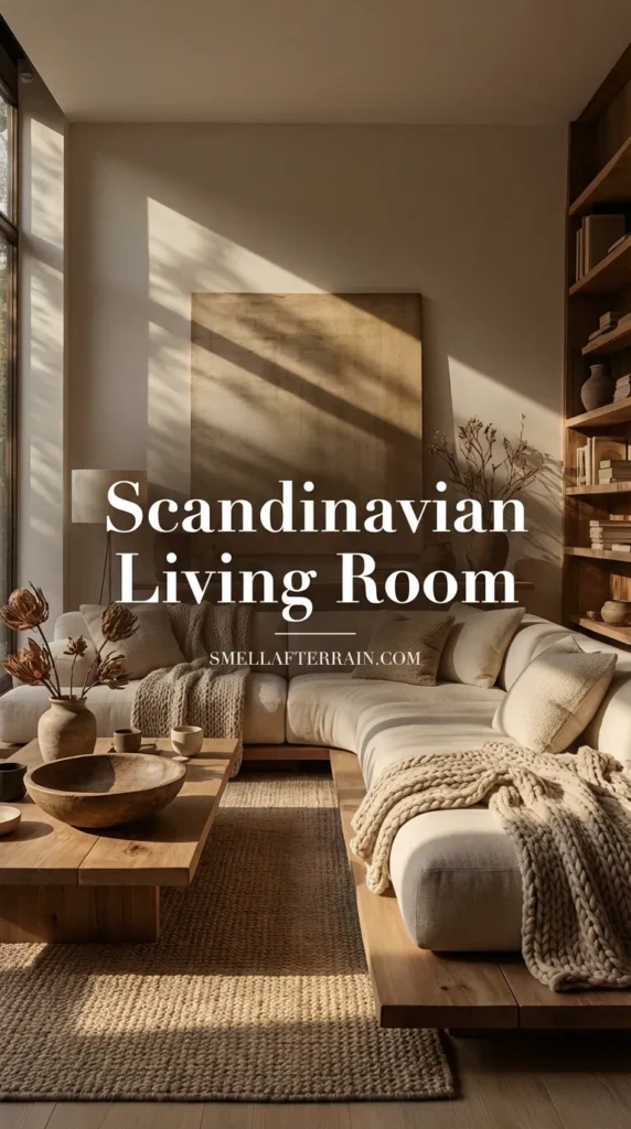 Scandinavian Living Room: A sun-drenched, minimalist space featuring a plush beige floor sofa, raw organic wood coffee tables, and floor-to-ceiling windows. The room exudes warmth with built-in wooden bookshelves and neutral textured decor.