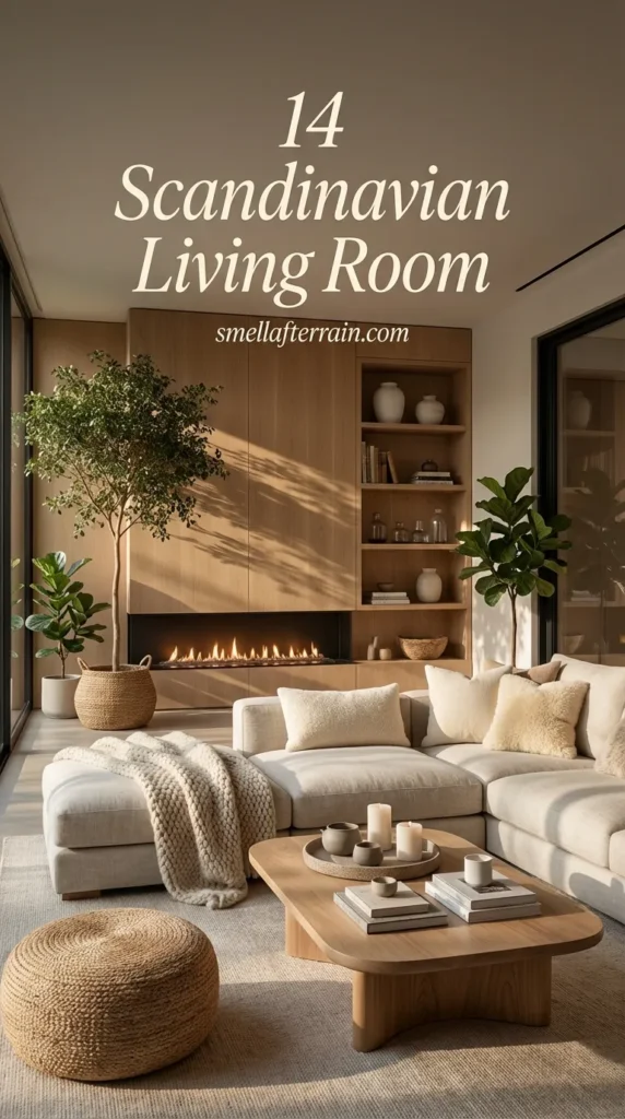 Scandinavian Living Room: A modern cozy space featuring a large light grey sectional sofa, a linear fireplace embedded in a concrete wall, a tall indoor tree in a basket, wooden ceiling beams, and a round wooden coffee table with a woven pouf.