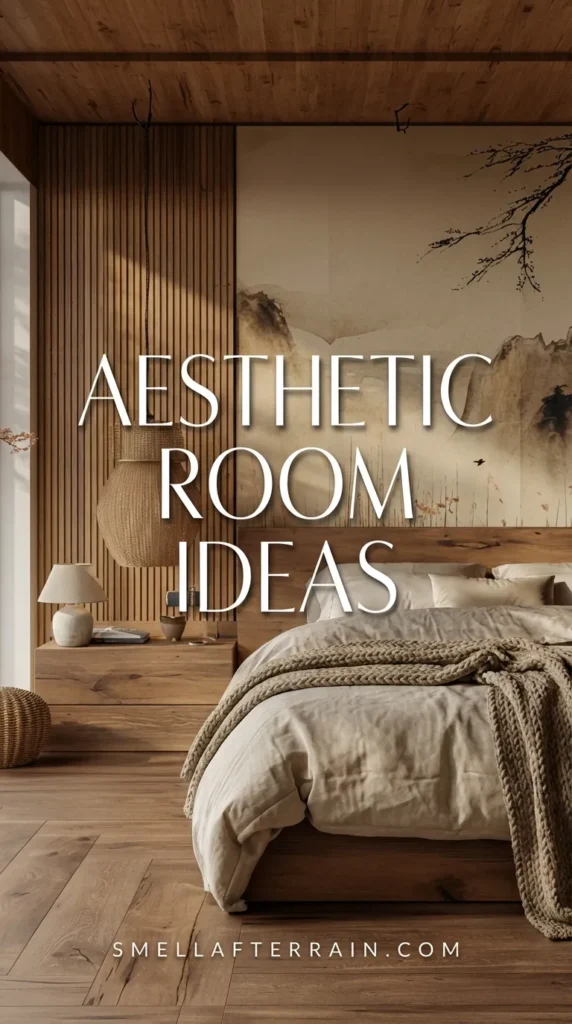 Aesthetic Room Ideas: A serene bedroom featuring a beige landscape mural, vertical wood slat accent wall, woven pendant light, and cozy earth-toned bedding.