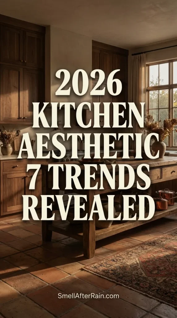 A moody, soulful kitchen design featuring dark matte cabinetry, exposed brick walls, and rustic wooden ceiling beams. The space showcases earthy textures with a vintage runner rug and open shelving filled with pottery. This style exemplifies the 2026 Kitchen Aesthetic 7 Trends Revealed, moving away from sterile clinical looks to cozy, saturated spaces. Text overlay reads 40 Best Scandinavian Kitchens.