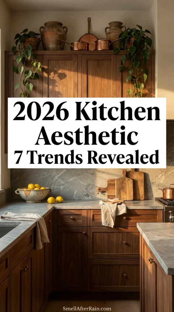 Close up of cream kitchen cabinets featuring styled decor in the gap above them, including vintage books, woven baskets, stoneware crocks, and trailing ivy. Text overlay reads Creative Ways to Fill the Gap Above Your Kitchen Cabinets. This setup illustrates the 2026 Kitchen Aesthetic 7 Trends Revealed, showcasing the move from sterile to soulful with earthy textures and vintage integration.