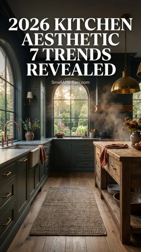 A luxurious, moody kitchen featuring deep green cabinets, brass hardware, and floor-to-ceiling windows, illustrating the 2026 Kitchen Aesthetic 7 Trends Revealed. The space includes a vintage runner rug and marble countertops, showcasing the shift from sterile to soulful design. Text overlay: Top 12 Kitchen Trends for 2026.