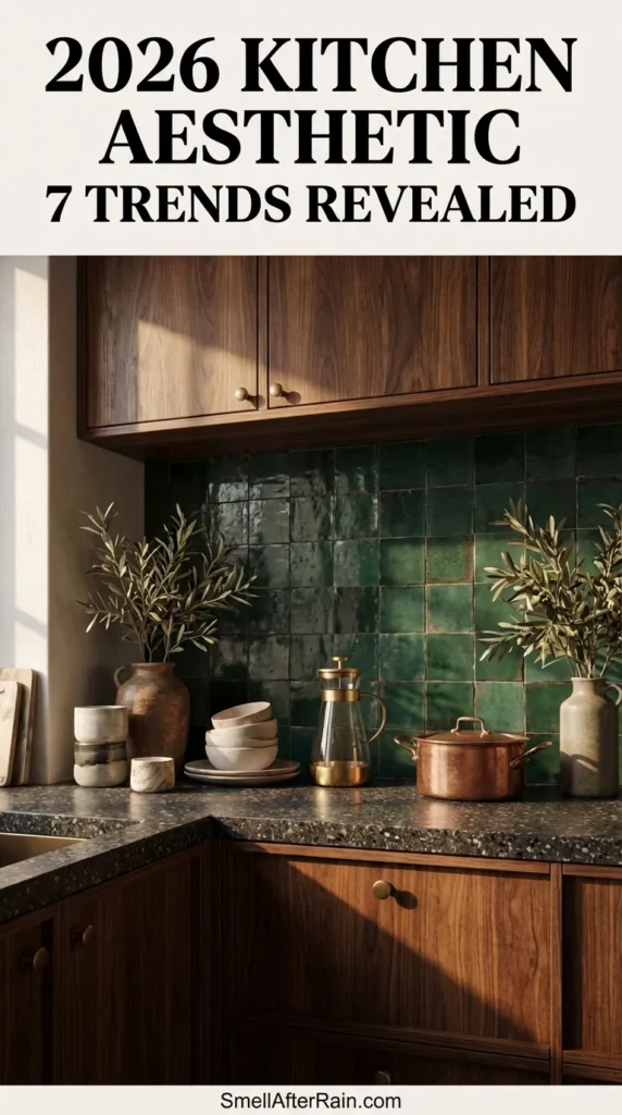 Close-up of a moody kitchen featuring dark walnut cabinetry and textured dark green square backsplash tiles. A gold pitcher and brass faucet sit on a warm brown stone countertop. Open shelving displays ceramic bowls, illustrating the 2026 Kitchen Aesthetic 7 Trends Revealed with earthy textures and cozy lighting.