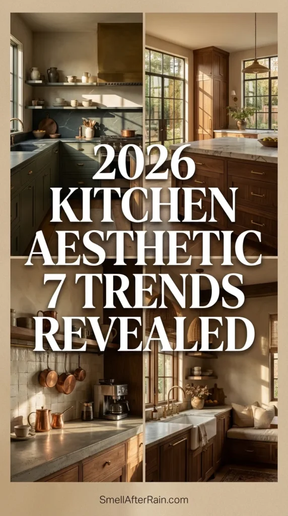 A collage of four stylish kitchen interiors representing the 2026 Kitchen Aesthetic 7 Trends Revealed, featuring rustic wood cabinetry, moody teal cupboards, and sunlit cozy spaces. Overlay text reads 32 KITCHEN INSPIRATION IDEAS 2026.