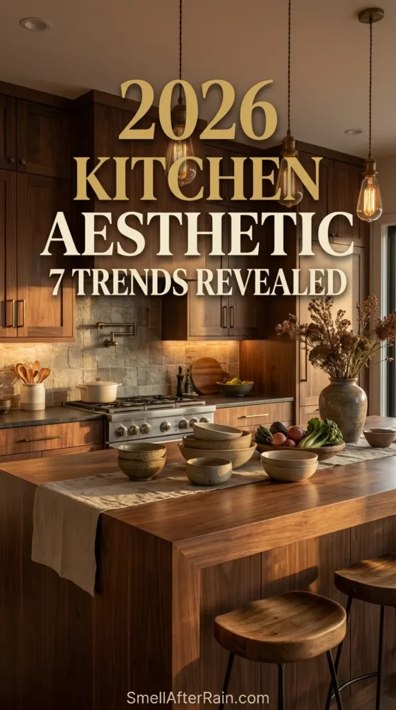 A stunning example of the 2026 Kitchen Aesthetic 7 Trends Revealed, featuring a moody, earthy kitchen design. Dark charcoal cabinetry contrasts with a rich natural wood butcher block island extension and a matching rustic wooden range hood. Three industrial Edison bulb pendant lights hang above the counter, highlighting the shift from sterile to soulful design with warm ambient lighting.