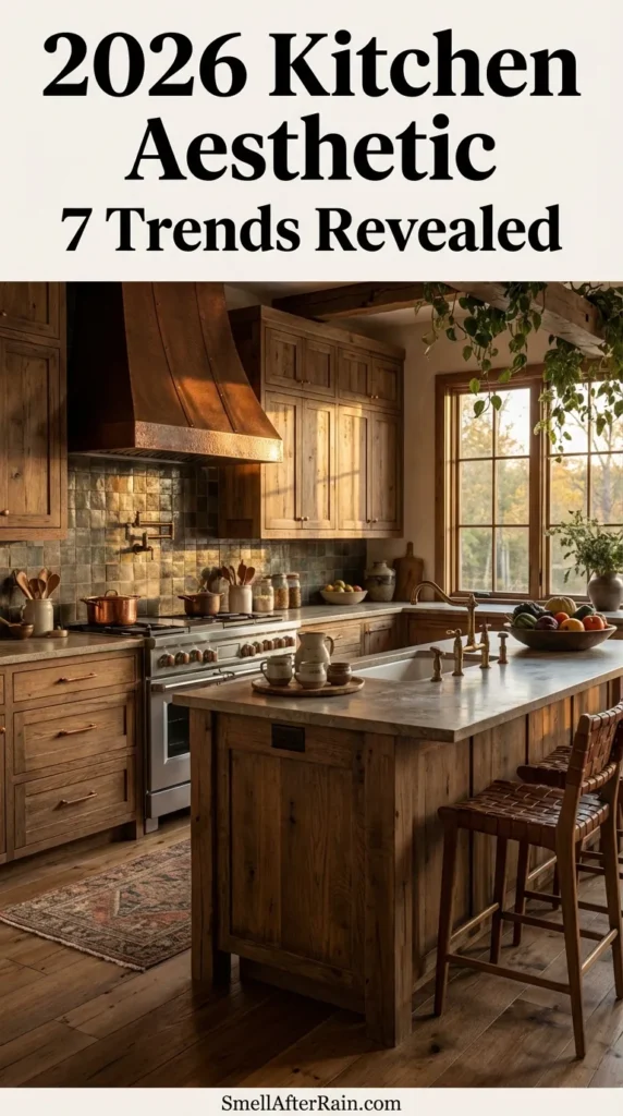 A warm, rustic kitchen featuring natural wood cabinetry, open shelving with jars, and woven pendant lights over a green island, illustrating the 2026 Kitchen Aesthetic 7 Trends Revealed. The space highlights earthy textures, biophilic elements, and the shift from sterile to soulful interior design.