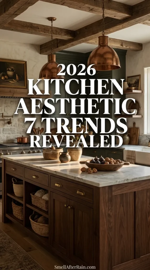Warm kitchen interior featuring exposed wooden ceiling beams, a rustic stone backsplash, and a large dark wood island with brass hardware and woven storage baskets underneath. Two large brass dome pendant lights illuminate the counter. Text overlay reads 2026 Most Popular Design Styles. This image illustrates the 2026 Kitchen Aesthetic 7 Trends Revealed, showcasing the shift from clinical designs to earthy textures and soulful layouts.