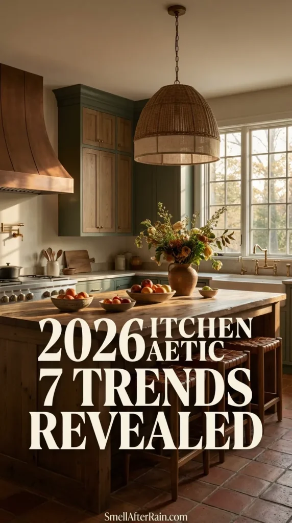 A warm and inviting cozy country kitchen featuring a wooden dining set, woven pendant lighting, and creamy cabinets, illustrating the 2026 Kitchen Aesthetic 7 Trends Revealed. The space highlights the shift to soulful designs with farmhouse details, open shelves with pottery, and abundant natural light.