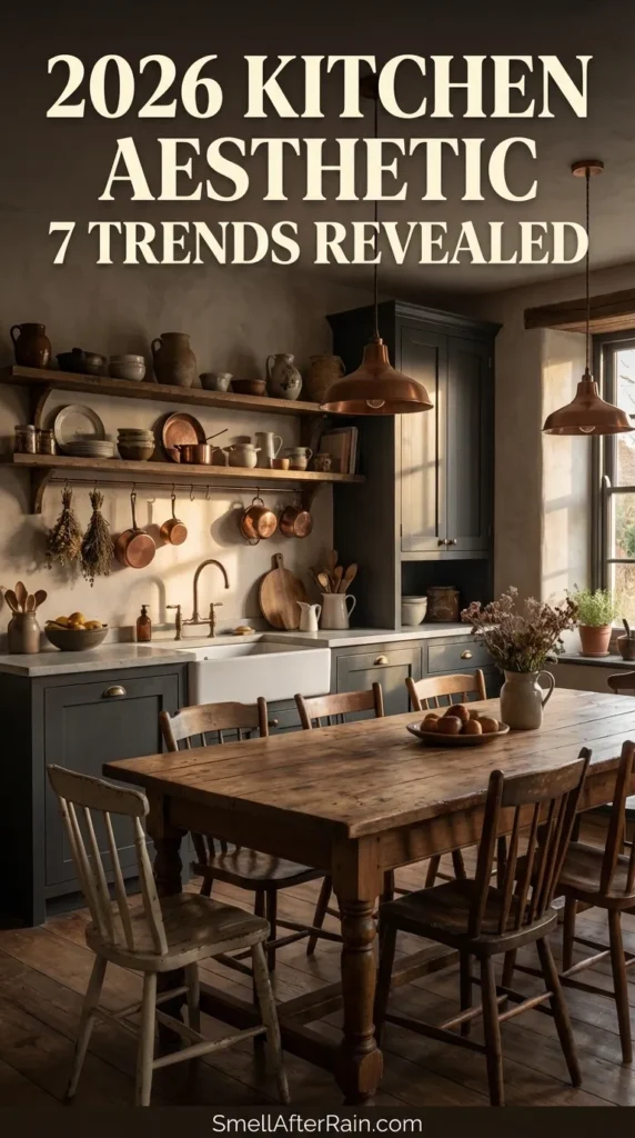 A moody, rustic kitchen illustrating the 2026 Kitchen Aesthetic 7 Trends Revealed. The space features dark charcoal cabinetry, open wooden shelving with hanging pottery, and a farmhouse table. Warm amber pendant lights hang above, highlighting the earthy textures, vintage decor, and indoor plants that define the shift from sterile to soulful design.