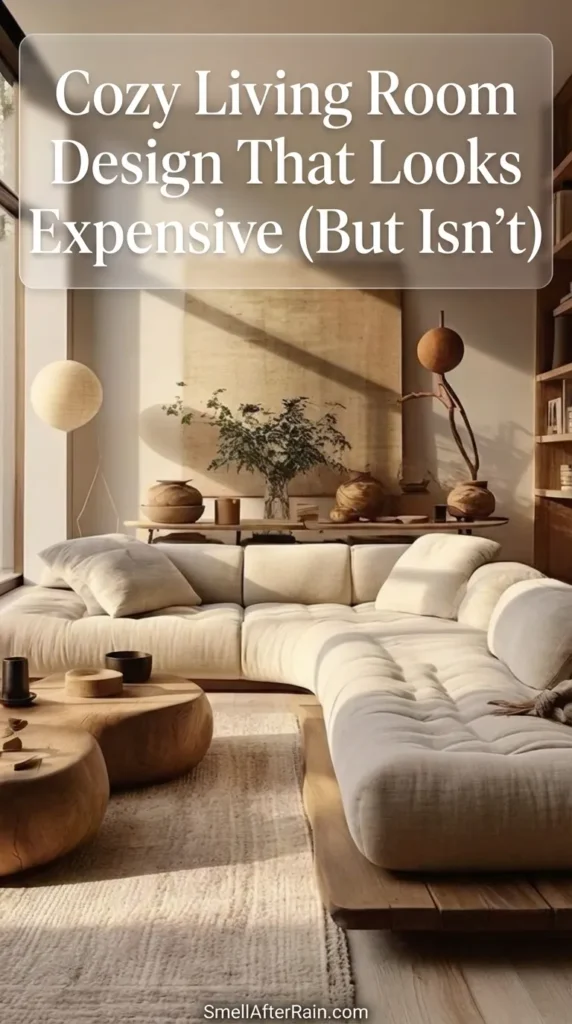 Sunlit living room featuring a low-profile cream sectional sofa and raw wood coffee tables. The space exemplifies a Cozy Living Room Design That Looks Expensive (But Isn't) through warm beige tones, built-in wooden shelving, and natural textures. Ideal inspiration for Japandi style and modern warm minimalist home makeovers.