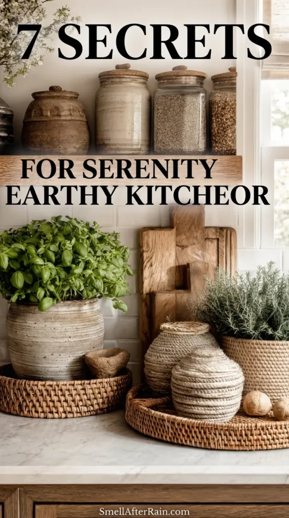 Close up of a kitchen counter styling showcasing 7 Secrets for Serenity Earthy Kitchen Decor. A floating wooden shelf holds ceramic and glass storage jars filled with grains. On the counter, woven wicker trays hold fresh potted basil and rosemary herbs, alongside rope-wrapped canisters and a rustic wooden cutting board against a white subway tile backsplash.