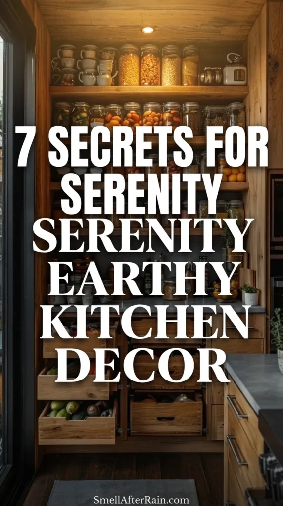 A cozy, vertically organized rustic pantry featuring floor-to-ceiling wooden shelving filled with glass jars of dry goods and pull-out wooden crates storing fresh vegetables. The warm lighting and natural wood textures illustrate the 7 Secrets for Serenity Earthy Kitchen Decor, showing how to blend tactile therapy with functional storage for a grounding, biophilic design.
