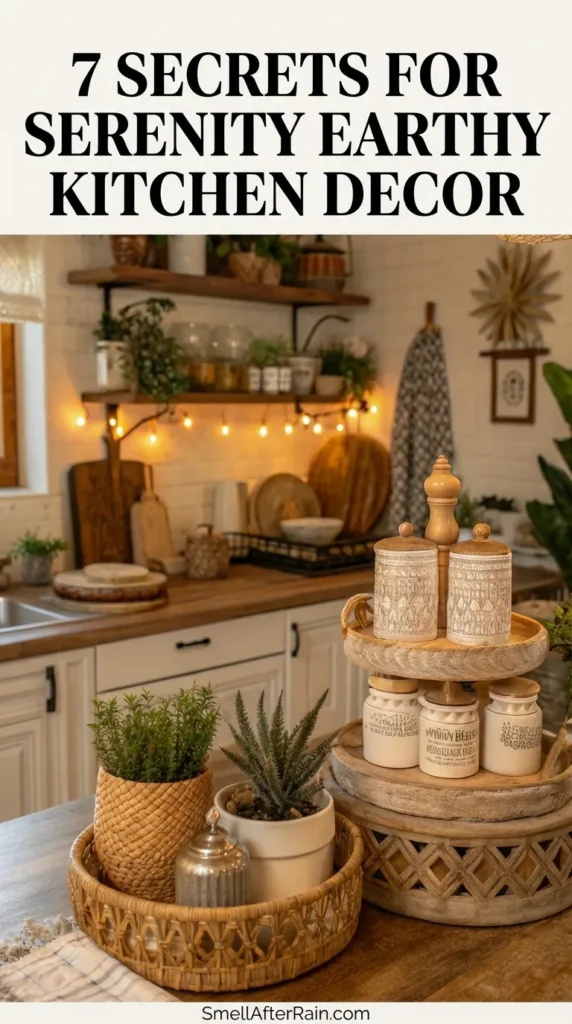 A close-up of a cozy kitchen island featuring a rustic wooden tiered tray with white patterned canisters and a wicker basket holding potted succulents and greenery. In the background, open wooden shelves are decorated with trailing plants, glass jars, and warm string lights against white subway tile, perfectly illustrating the 7 Secrets for Serenity Earthy Kitchen Decor. A woven pendant light hangs above, highlighting the natural textures and warm earth tones of the space.
