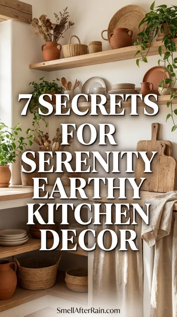 A cozy, rustic bohemian kitchen featuring open wooden shelves adorned with ceramic bowls, cast iron skillets, and trailing ivy plants. Large woven storage baskets sit within a distressed light blue cabinet base. The scene illustrates 7 Secrets for Serenity Earthy Kitchen Decor, emphasizing natural textures, warm lighting, and biophilic design elements.