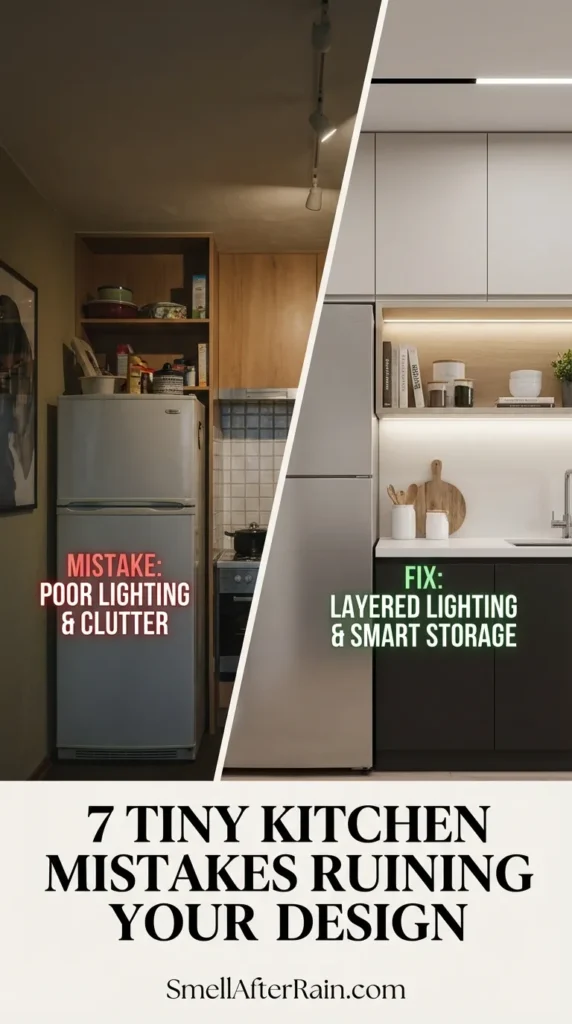 ertical shot of a cozy apartment layout featuring light wood cabinetry and floor-to-ceiling shelving next to a retro white Smeg fridge. A beige sofa sits in the foreground near a round wooden coffee table, demonstrating efficient space planning. Learn about the 7 Tiny Kitchen Mistakes Ruining Your Design, such as poor vertical usage and lighting, and see how this space utilizes vertical height and smart scale to maximize a small footprint.

