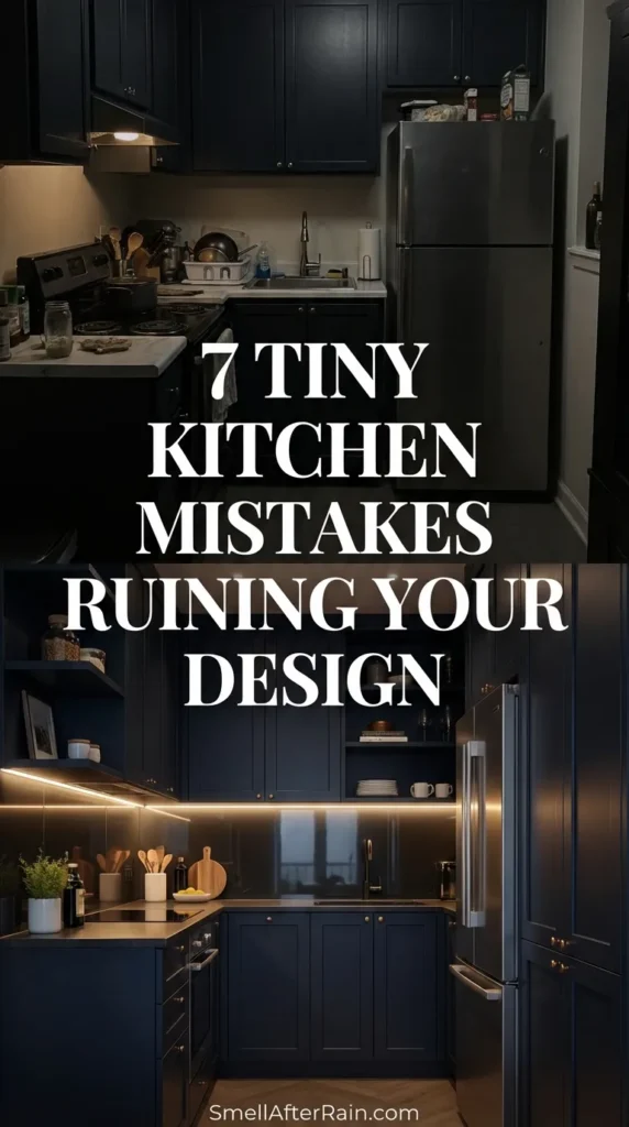 Modern small kitchen featuring warm wood cabinetry, white countertops, and efficient layout with text overlay reading 19 Small Kitchen Ideas. Learn about the 7 Tiny Kitchen Mistakes Ruining Your Design like poor lighting, improper scale, and wasted vertical storage space.